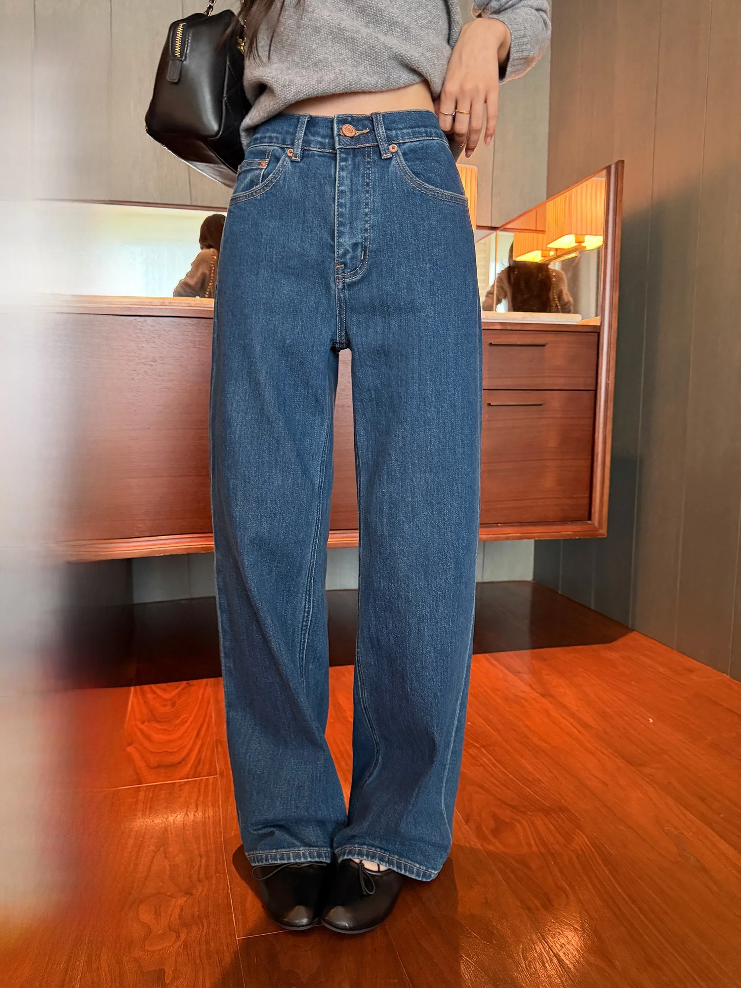 Pusumede Vintage Deep Blue Straight Leg Jeans Women's Loose Casual Long Trousers Comfortable Cotton Stretch Natural Waist