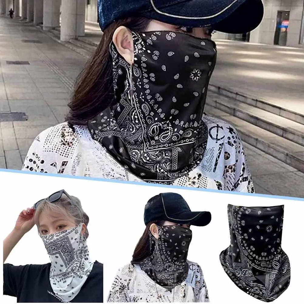 Masker paparan matahari Punk cetakan, pelindung telinga gantung es sutra olahraga luar ruangan Anti-UV Hip Hop kepribadian pelindung sinar matahari musim panas