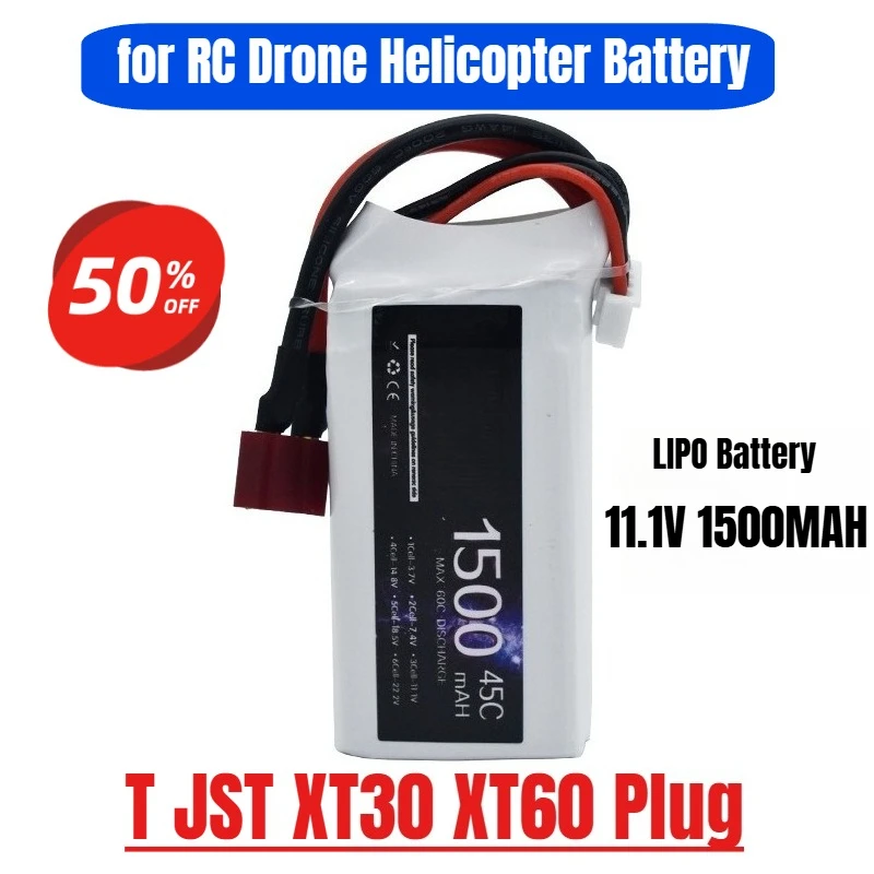

11.1V 1500MAH LIPO Battery 45C Battery for RC Drone Helicopter Car FPV Boat Parts with T JST XT30 XT60 Plug