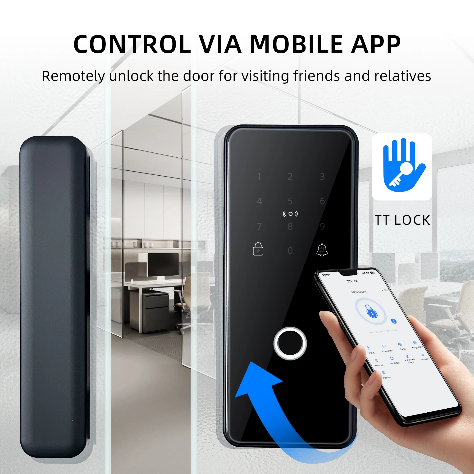 BlueLock Punching Free Digital Glass Door Lock Fingerprint Keypad Mechanical Key Smart Lock Frameless Cloud for Wi-Fi