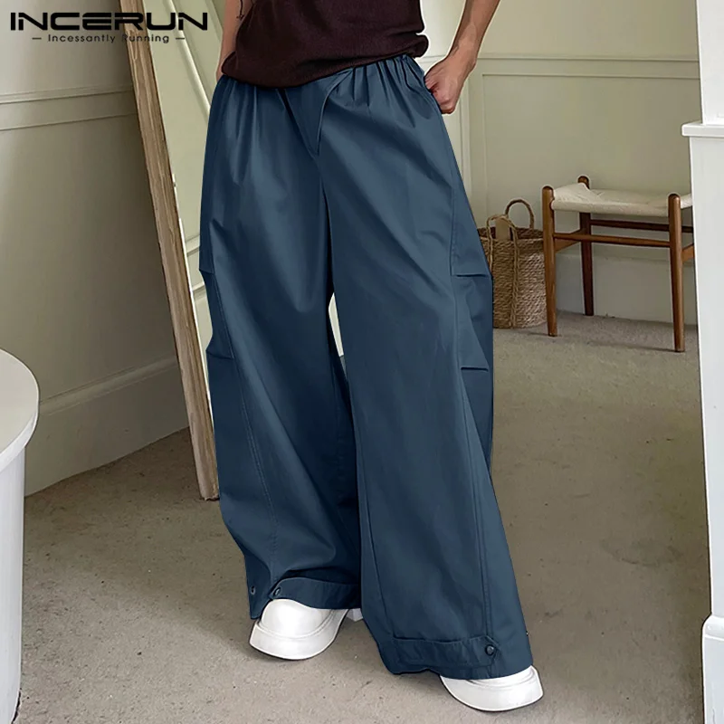 INCERUN Men Pants Solid Color Joggers Loose Button Korean Style Fashion Casual Trousers Men Streetwear 2024 Leisure Long Pants