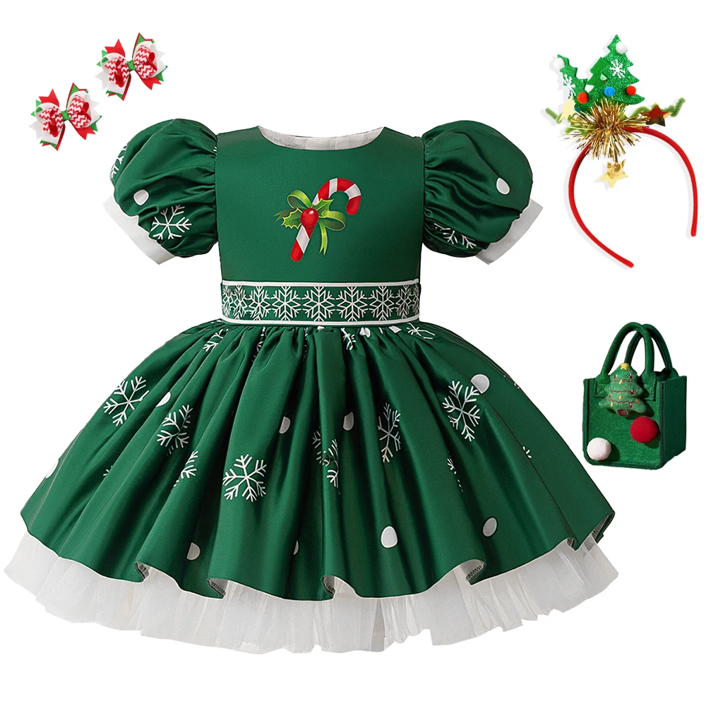 Christmas Carnival Party Dresses Kids Santa Claus Green Snowflake Gift Girl Red Stripe Umbrella Handle Dress Girls Christening