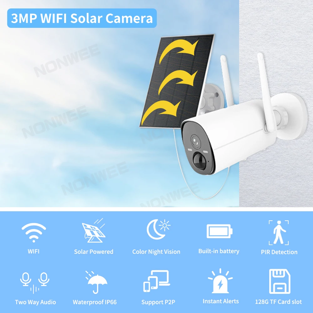 3MP Bullet Wireless Wifi IP Camera Outdoor Weatherproof Built in 5200mAh Battery Security Camera Solar PIR Motion CloudEdge