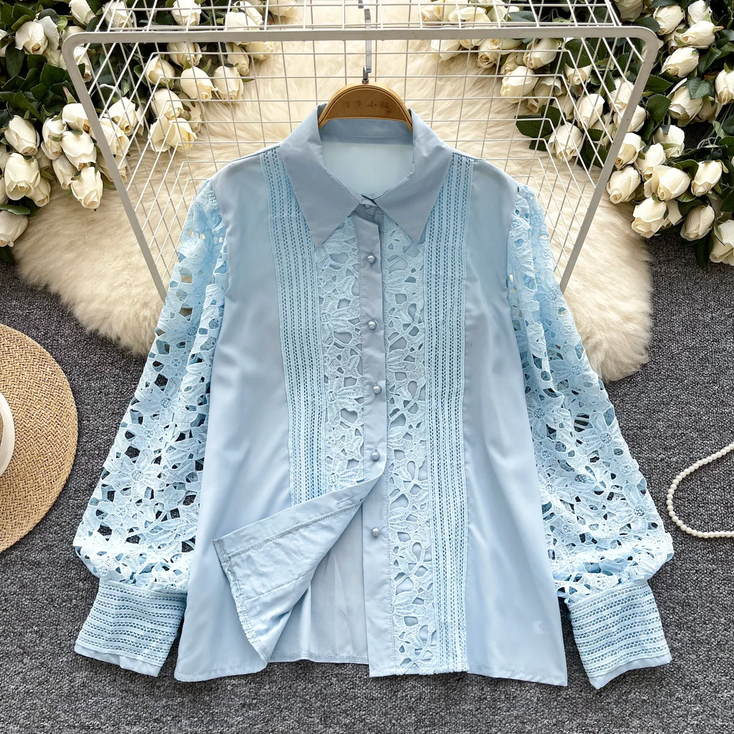 Vintage Elegant Embroidery Hollow Out Long Sleeve Blouse Fashion Lapel Shirt  Casual Chic Top Fairy  Autumn Women