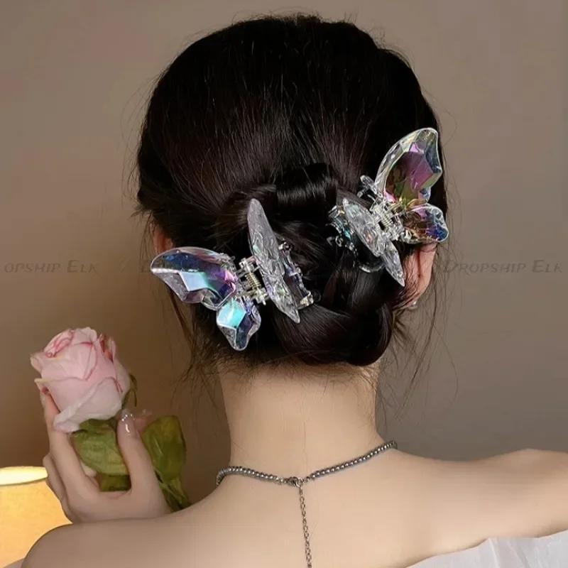 Хрустальная бабочка, русалка, коготь для волос, зажим для девочек, зажим на затылке, прозрачные большие заколки для волос, заколки для волос, головной убор, аксессуары для волос