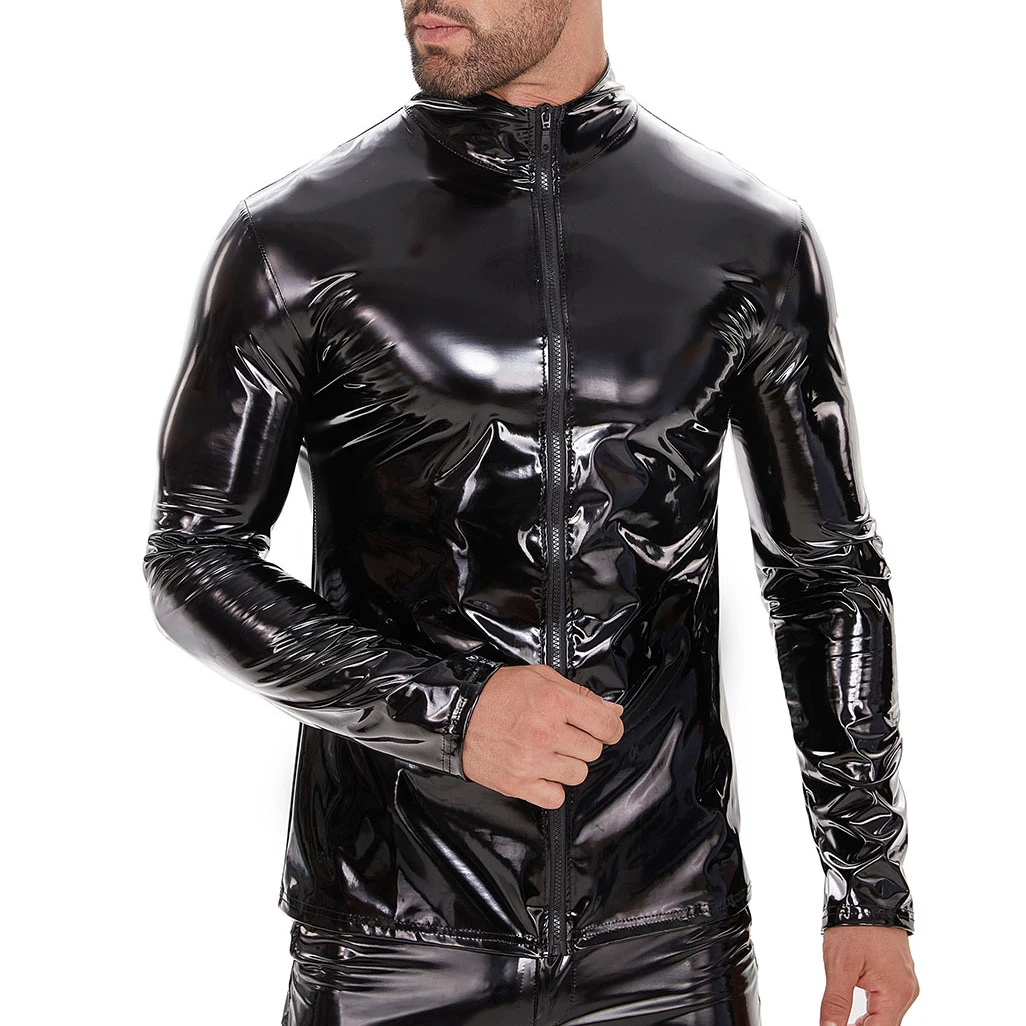 

Мужской топ больших размеров с длинным рукавом, латексные куртки из искусственной кожи, блестящая металлическая плотная ветровка, уличная одежда, модные пальто из лакированной кожи с мокрым эффектом