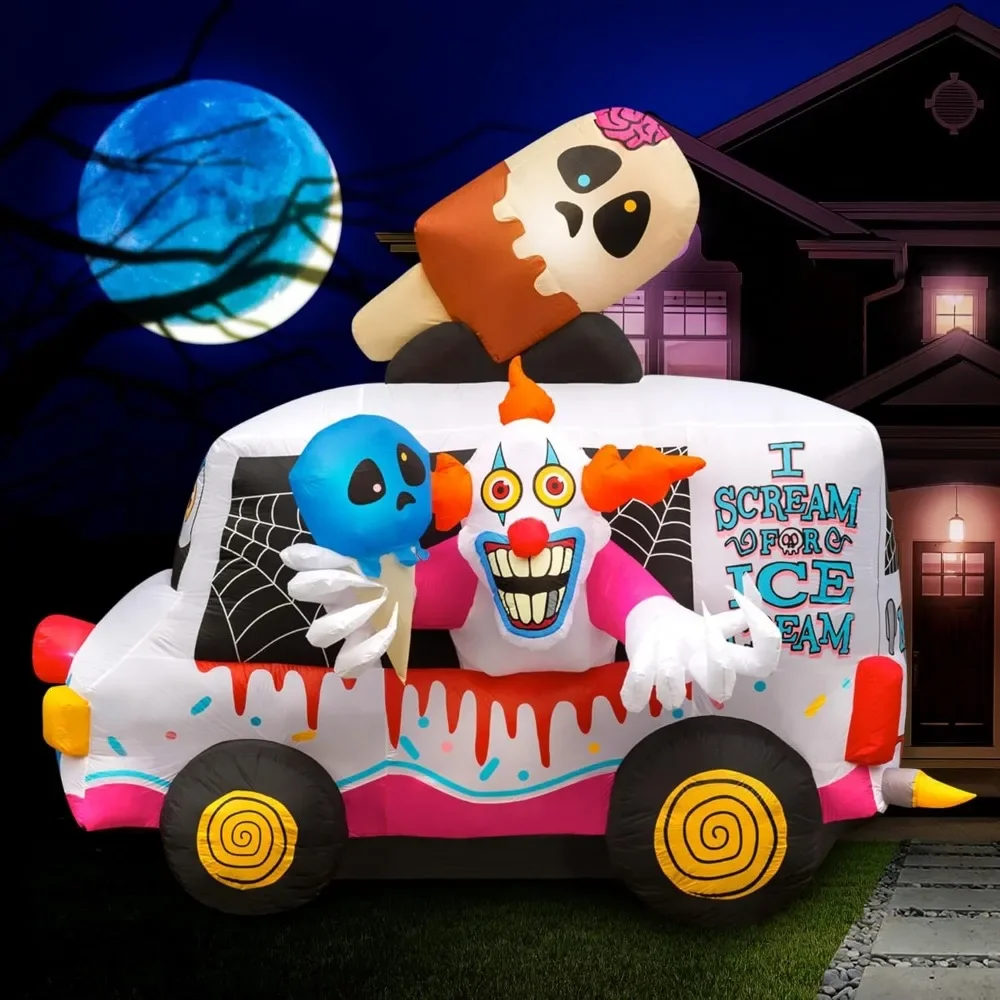 Large 8 ft Clown Ice Cream Truck - Inflatable Outdoor Halloween Decorations, Lawn & Garden Internal Lights & Built-in Fan