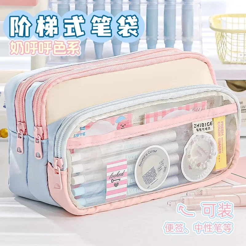 Kawaii пенал большой емкости с 3 отделениями пенал для ручек настольный органайзер школьные принадлежности милые корейские канцелярские принадлежности