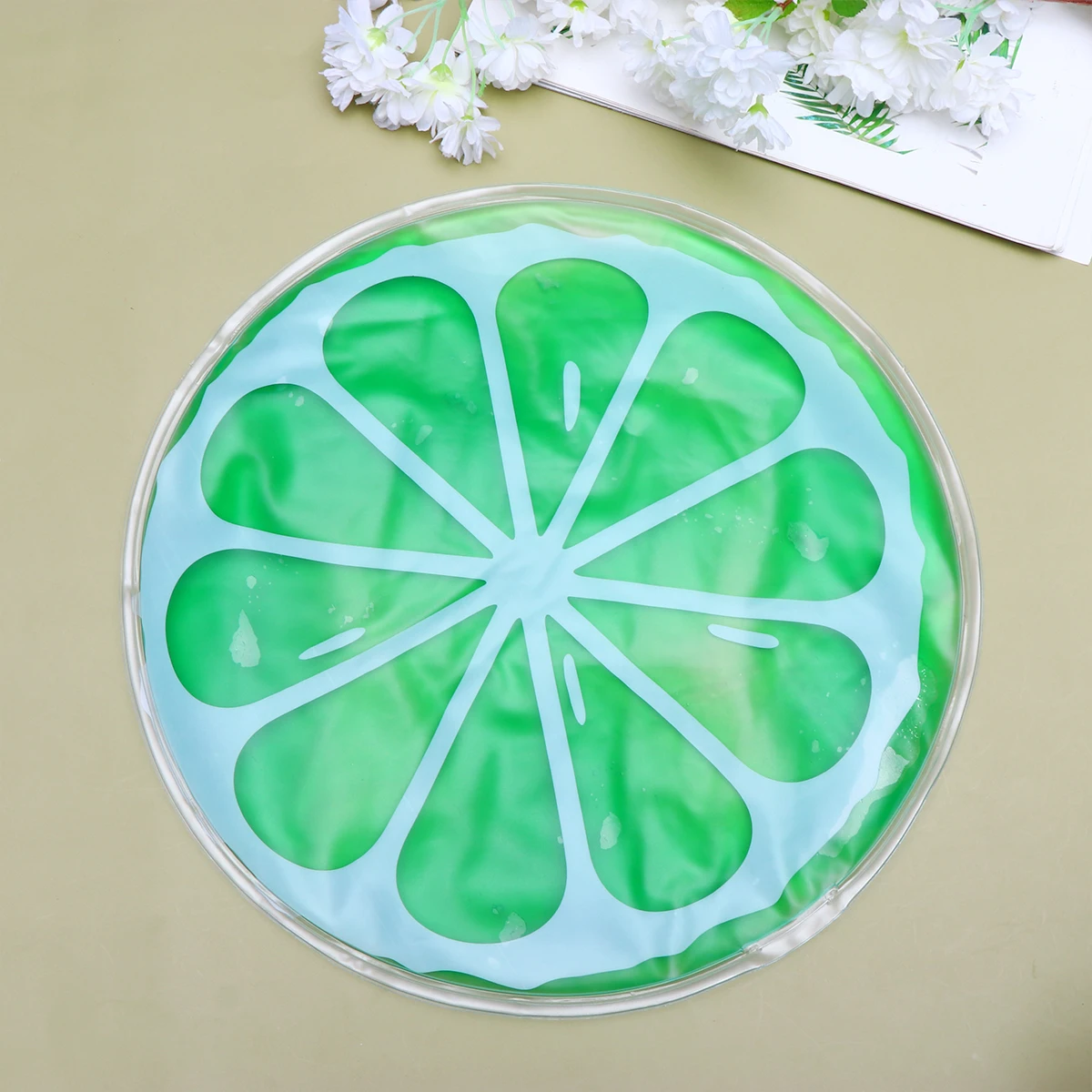 

Round Ice Mat Cooling Cushion Waterproof Cartoon Green Lemon Pattern Chair Pad Summer Relief Waist Back Pain Pet Bed