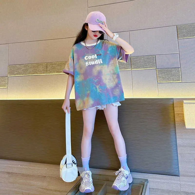Teenager Girls Tie Dye T-shirt Cotton Summer Short Sleeve High Quality Kids Breathable Colorfast Top for Ages 4-14 Year