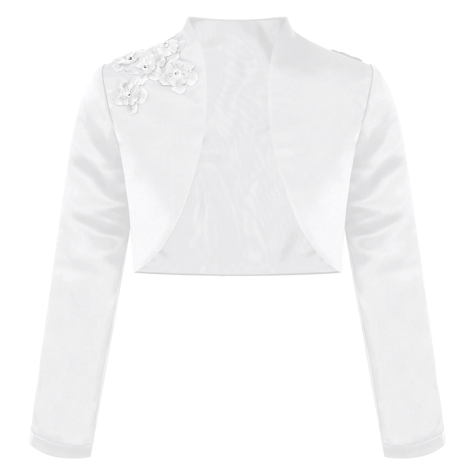 Kids Girls Satin Bolero Jacket Shoulder Cropped Bolero Cardigan Festive Long Sleeve White Ivory Communion Dress Baptism Dress