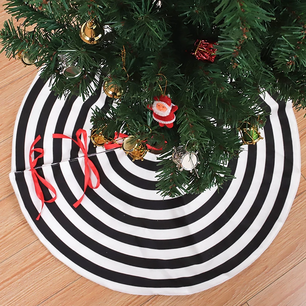 Christmas Tree Skirt Black and White Stripe with Red Ribbon Xmas Round Floor Mat for Home Decor Holiday Party 73/122cm