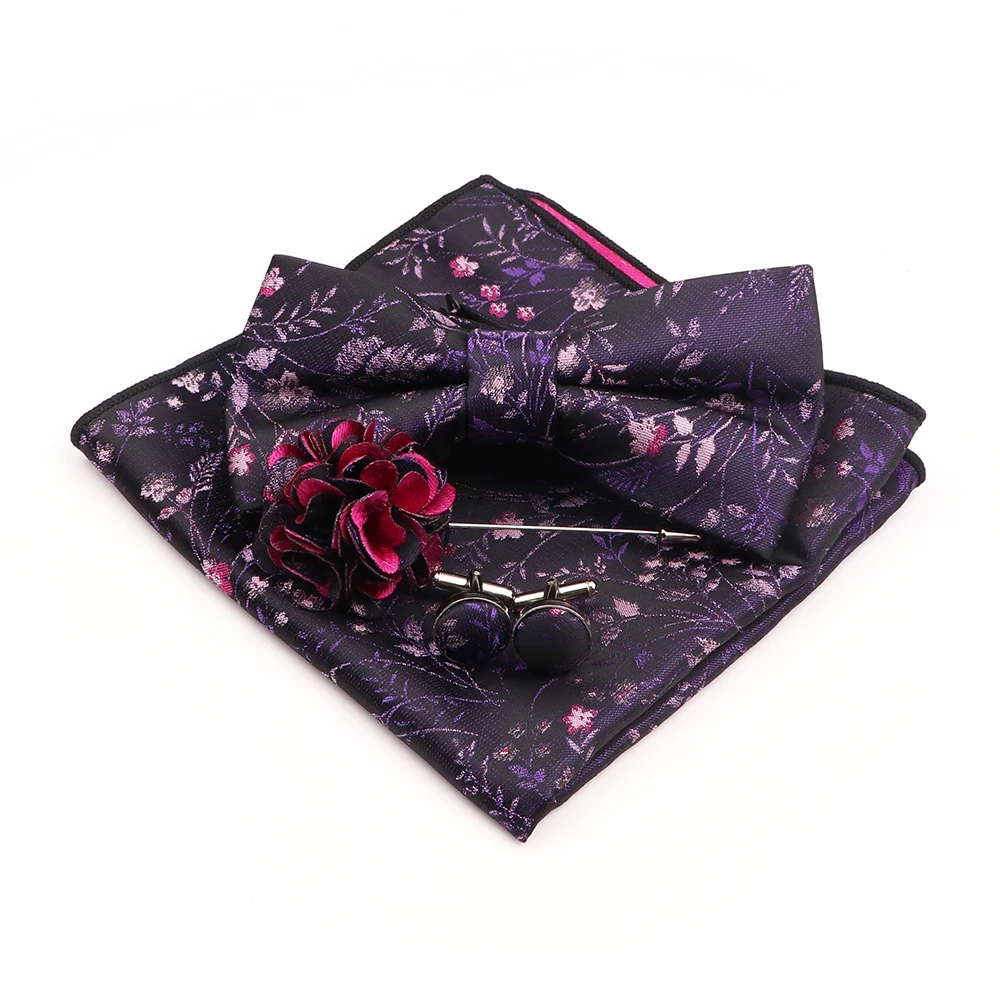 Gracefully Polyester Handkerchief Set Purple Blue Floral Butterfly Bowtie Cufflink Brooch For Party Suit Dress Accessories Gift