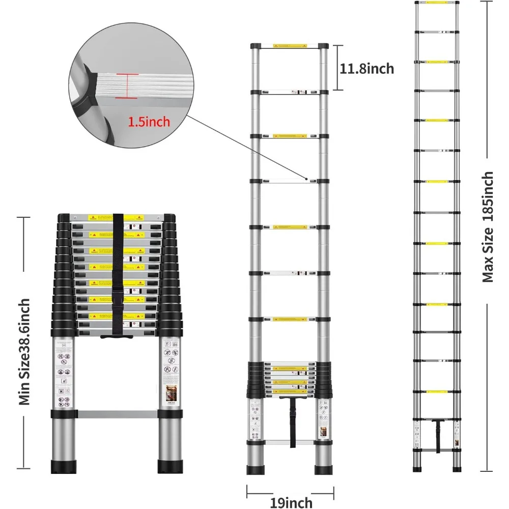 Teleskopowa drabina przedłużająca 15,5FT, aluminiowa drabina teleskopowa z torbą do przenoszenia do użytku na zewnątrz w pomieszczeniach, pojemność 330lb/150kg