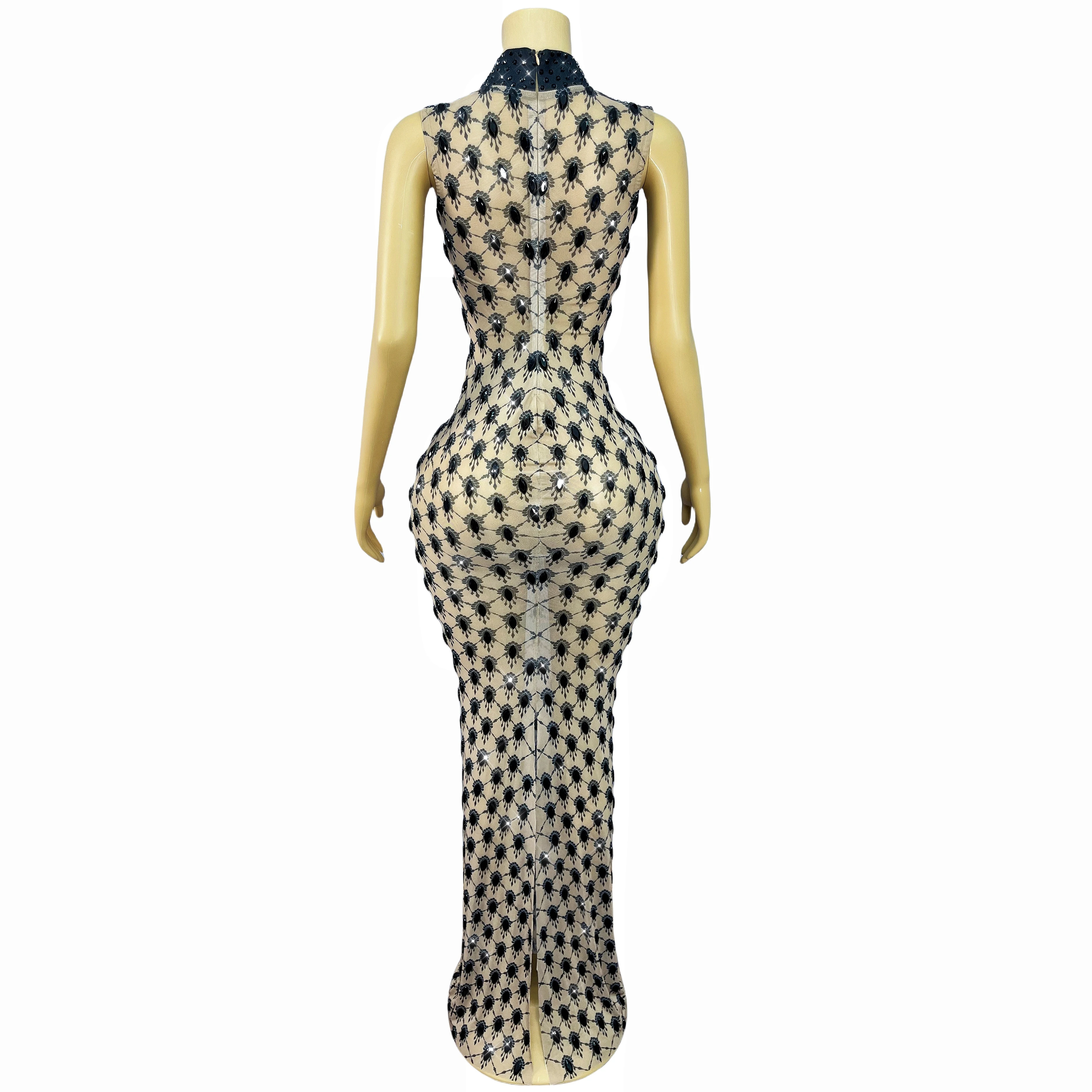 高級デザインの輝く黒のラインストーンヌードメッシュトリムフィットドレス女性イブニングレッドカーペットガウンパフォーマンス衣装Duotianshi