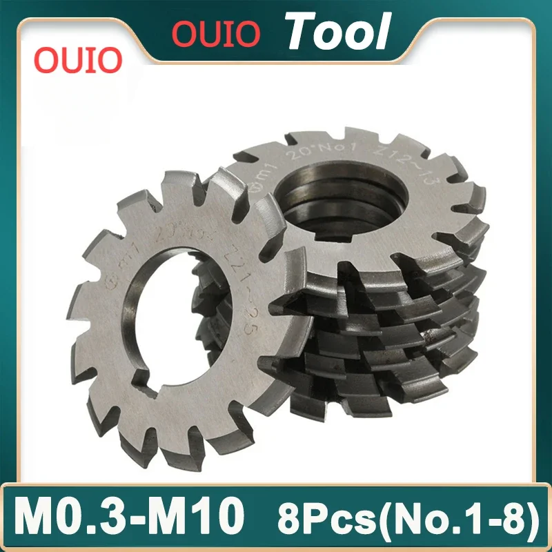 OUIO M0.4 M0.5 M0.6 M0.7 M0.8 M1 M1.25 M1.5 M2 M3 M4 Modulus PA20 Degrees NO.1-NO.8 HSS Gear Milling Cutter Gear Cutting Tools