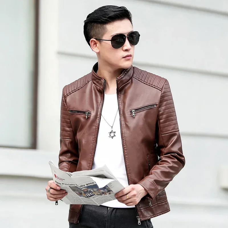 

Новый бренд Slim Fit Мужская кожаная куртка Мотоциклетные мужские повседневные байкерские куртки на молнии Мужские брендовые кожаные пальто Мужские кожаные куртки