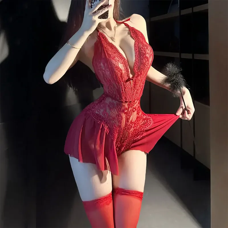 Transparente vestido de dormir camisola crotchless bodysuits feminino renda lingerie sexy trajes eróticos teddy bebê boneca vestido de casamento