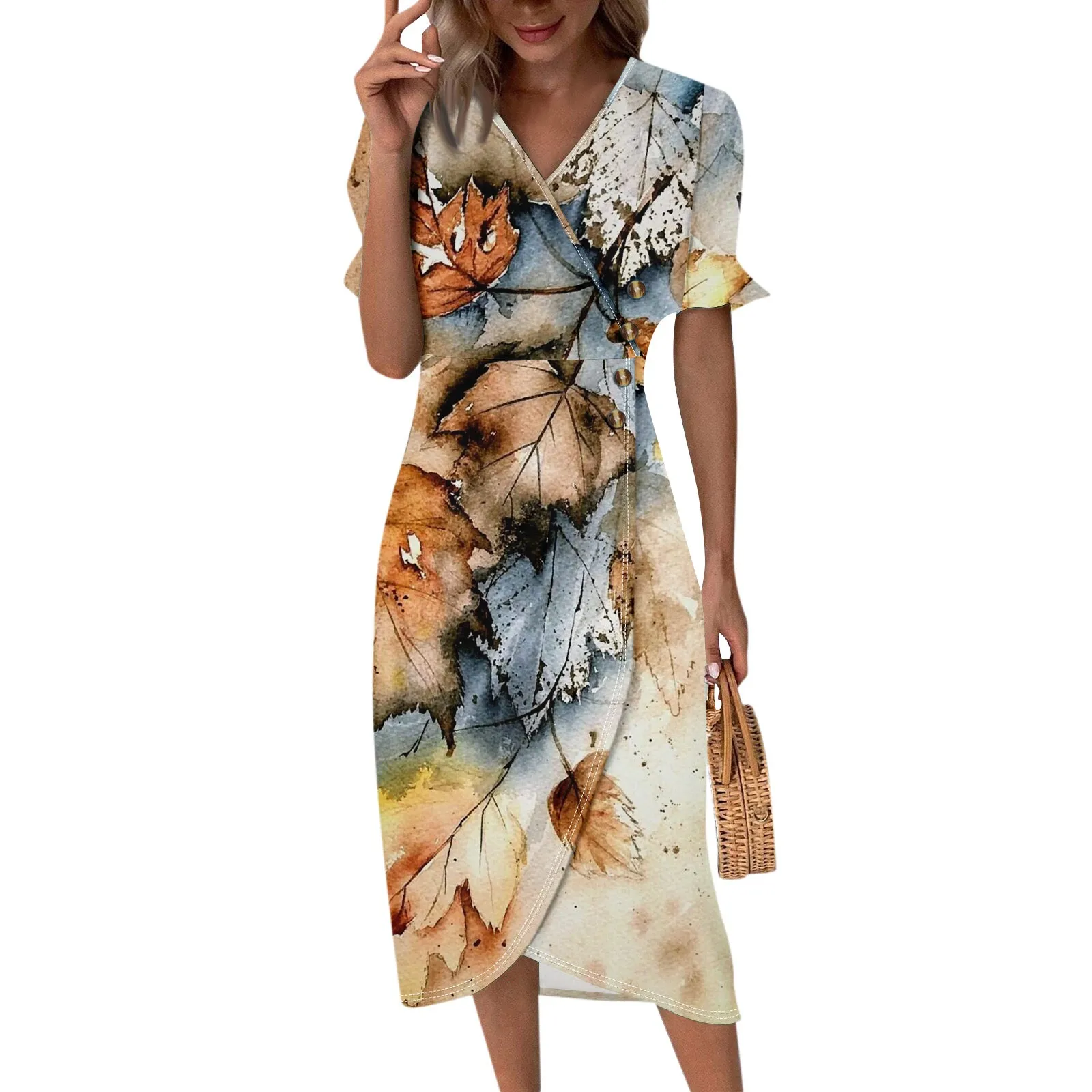 Elegante Boho Bloemenprint Strand Lange Jurken Voor Vrouwen Mode V-Hals Korte Mouw Casual Losse Jurk Dames Vestidos