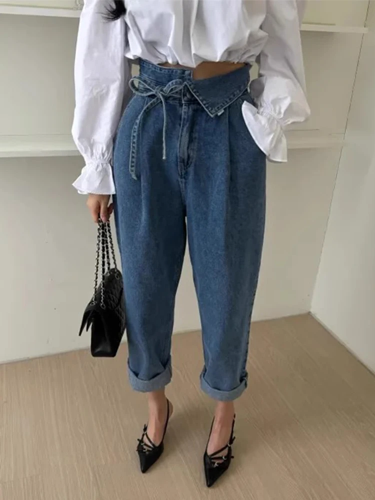 Women High Waist Loose Denim Pants Spring Summer Flip Waist Collar Strap Straight Harlan Jeans Long Pant Streetwear Y2K Trousers