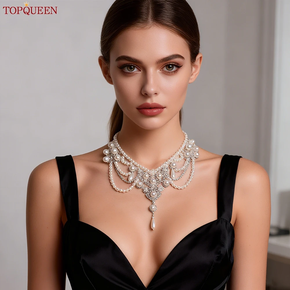 TOPQUEEN Fashion Pearl Necklace Bridal Wedding Adornment Collar Party  Evening Gown Accessory Adjustable Size SG25