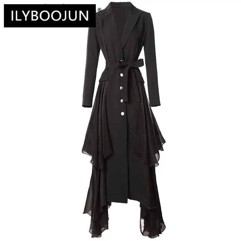 

ILYBOOJUN Fashion Designer Autumn Coat Dress Women's Long Sleeves Single Breasted Ruffles Office Lady Lace-up Outerwear