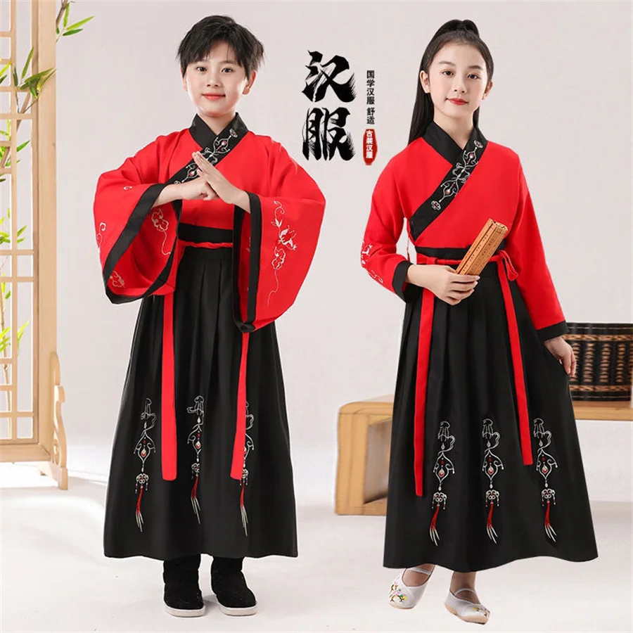 

Chinese Ancient Traditional New Clothing Set for Kid Boy Girl Long Sleeve Folk Dance Hanfu Ink Painting Print Performance Dress