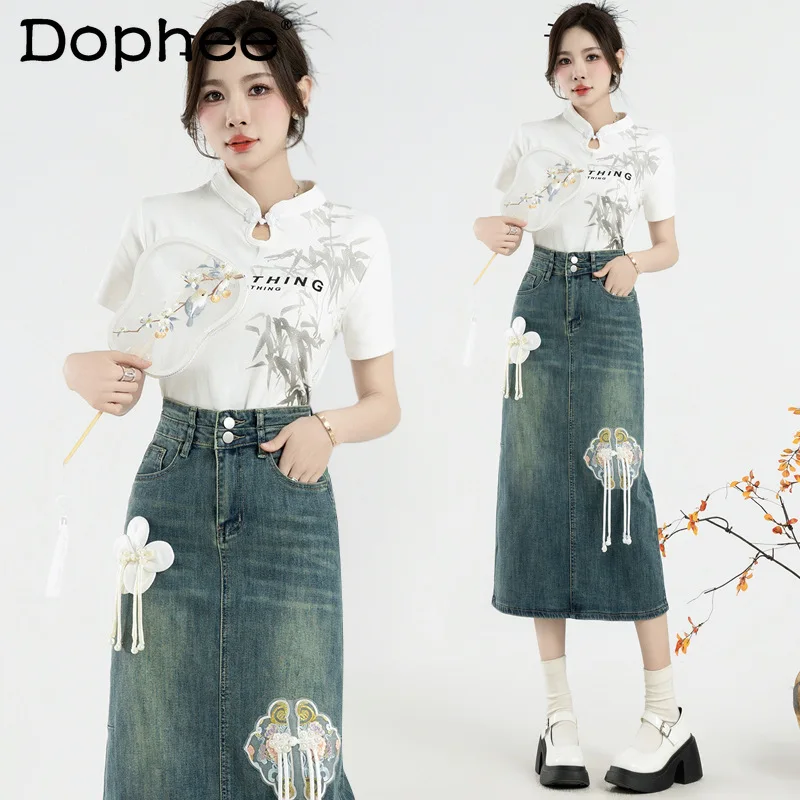 Chinesischer schicker Jeans rock A- Line-Rock für Frauen 2024 Frühling Sommer hohe Taille Retro bestickter geteilter A- Line-Midi-Rock