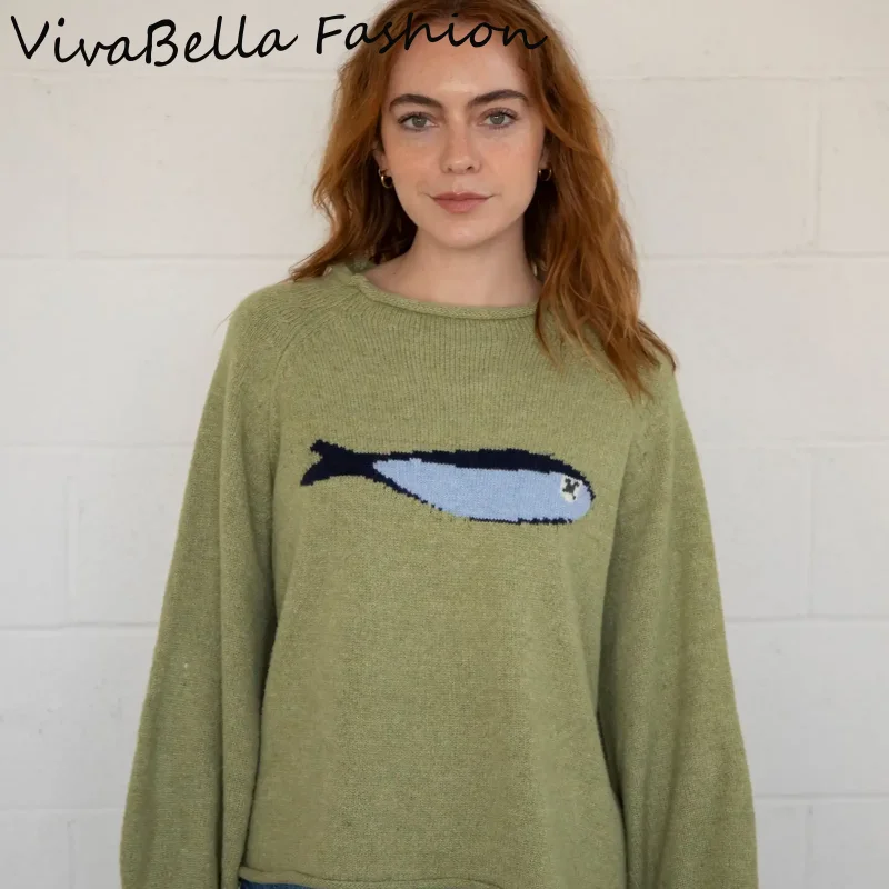 

Casual Loose Women's Sweater Fish Pattern Printed Raglan Sleeve Pullover Round Neck Knitted Tops 2026 NEW Spring Lady Sweaters