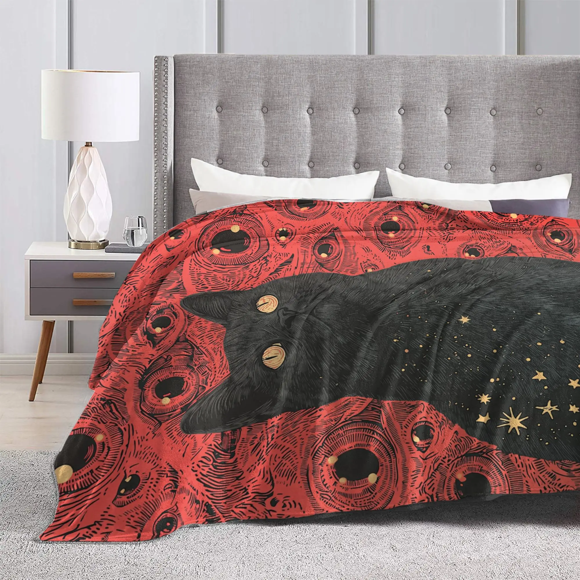 Eyes Halloween Black Cats Knitted Blanket Flannel Witchy Kitty Super Warm Throw Blankets for Home Couch Bed Rug