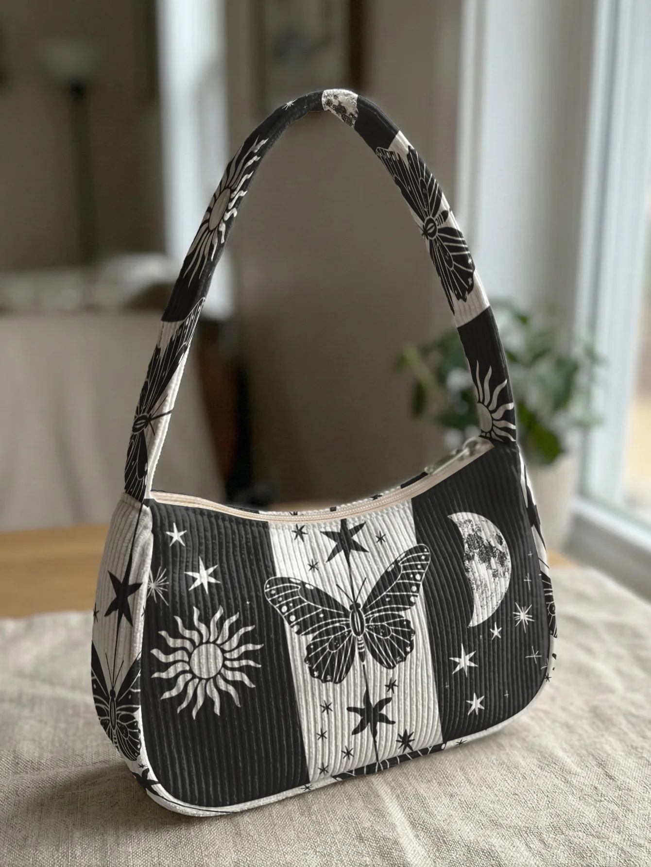 Trendy Sun Moon Butterfly Print Shoulder Bag, Black & White Corduroy Underarm Bag for Daily Casual Use