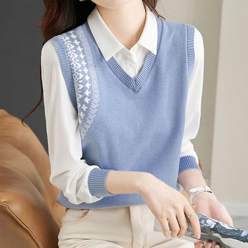 Commute Straight Fake Two Pieces Polo-Neck Stylish Spliced Knitted Blouse Spring Autumn Printed Female Solid Color Korean Shirt