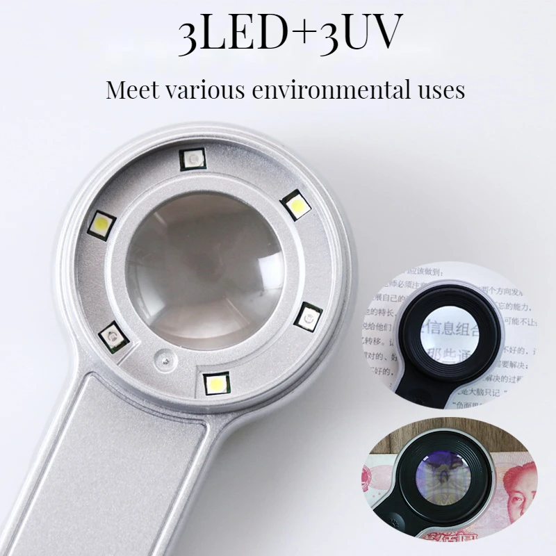 Magnifier 10 Times Optical Glass Loupe with 6 Lamps Handheld Portable Magnifier for Cultural Relics Identification Lupa