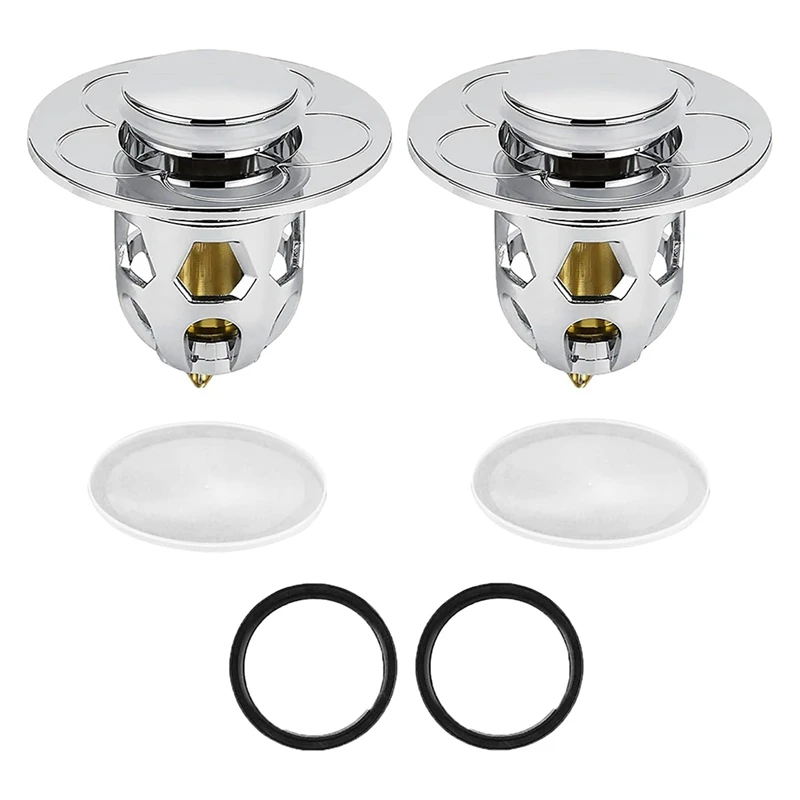 AB15-Stainless Steel, Rebound Core Push Type Sink Plug, Universal -Up Drain Strainer With Anti Clogging Sieve 34-40 Mm