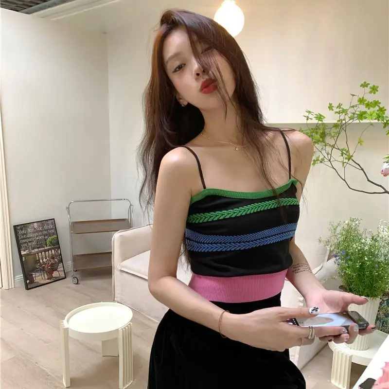 

Woven Colorful Striped Camisole Small Vest Women's Vintage Temperament Short High-waisted Babes Pure Desire Top