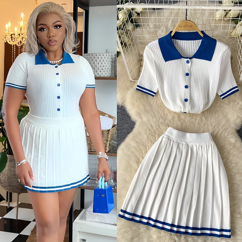 

Women contrasting color Polo collar short sleeved shirt top+high waist slimming pleated skirt summer knit two-piece set