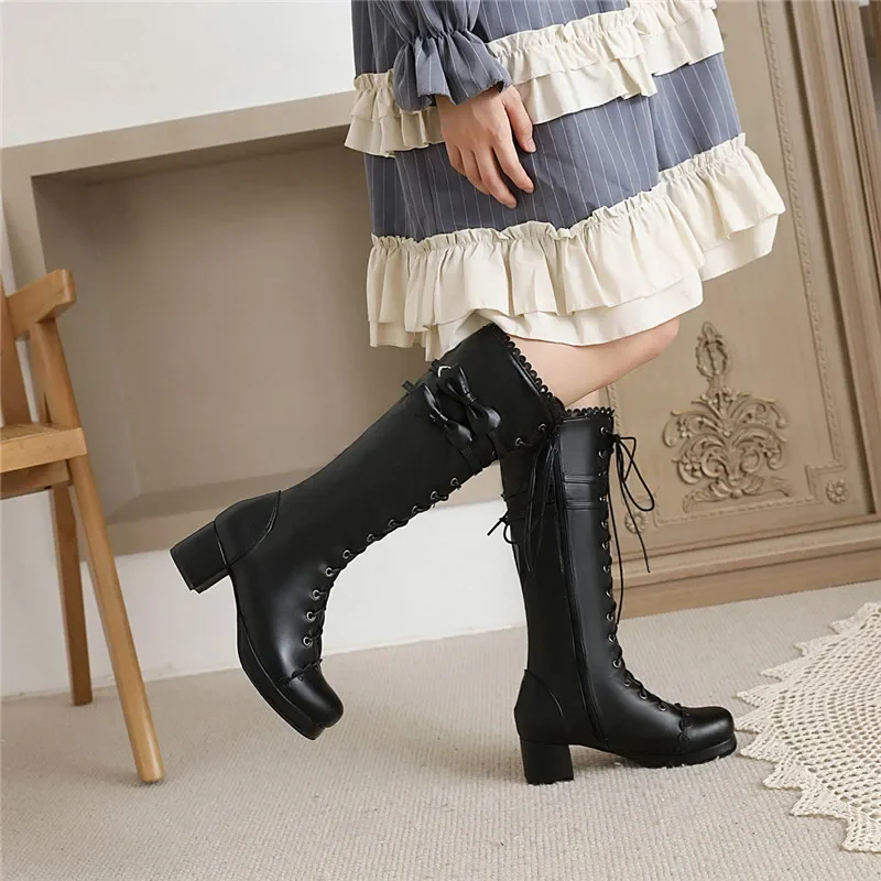 

YQBTDL 2022, осенне-зимние белые, розовые женские сапоги до середины икры для косплея, милые длинные туфли принцессы в стиле Лолиты для девочек, женские большие размеры