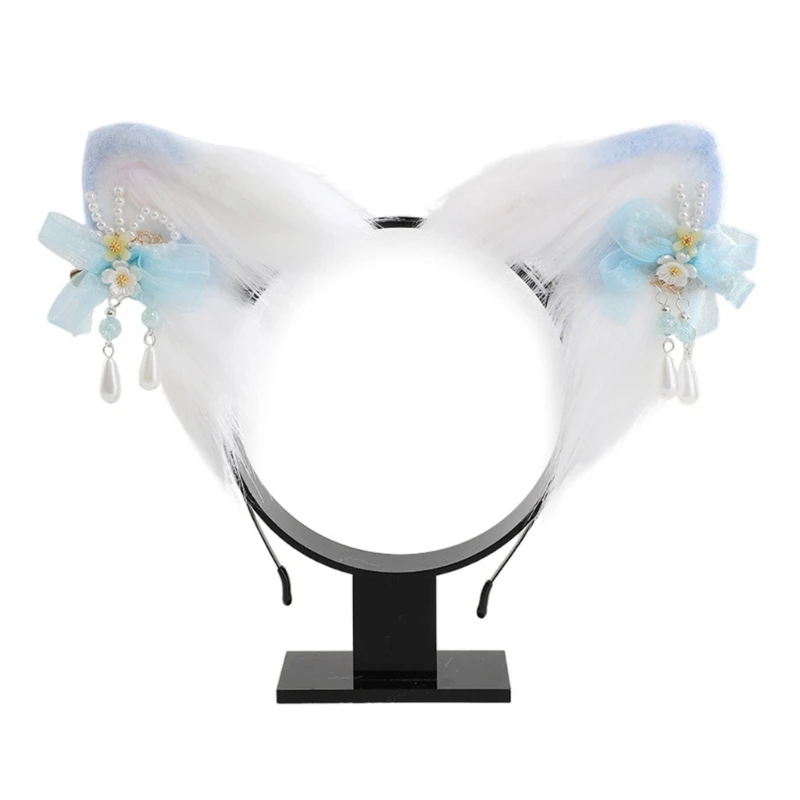 Cat Ear Cosplay Hair Hoop with Flower Hairpin Woman Teens Headband for Live Broadcast Cartoon Carnivals Hairband