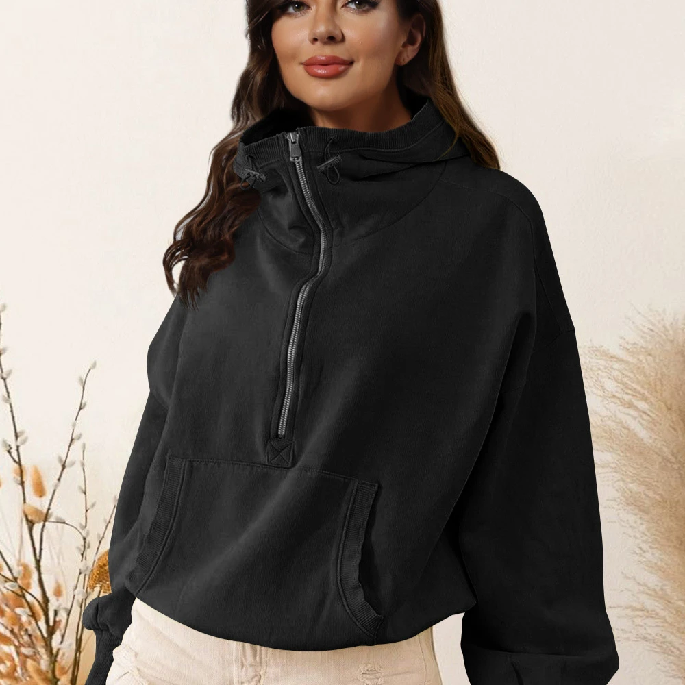 Women's Hooded Sweatshirt Sports Zip Up Pocket Hoodie Solid High Waist Drawstring Long Sleeved Top Jacket for Streetwear