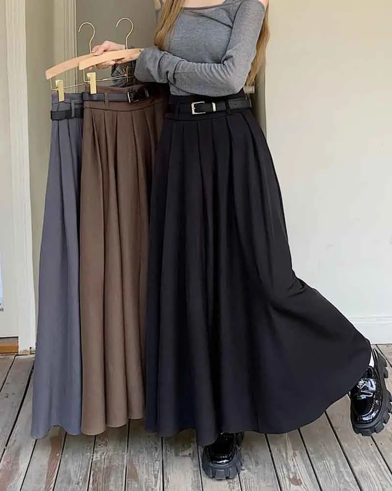 

GIDYQ Vintage Belt Suit Skirt Women Autumn Korean High Waist Chic Long Skirts Elegant All Match Pleated Solid A Line Skirts New