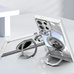 For Samsung Galaxy S25 S24 S23 Ultra Plus 5G Transparent Frosted Silicone Frame Magnetic Rotating Ring Bracket Case Hard Cover