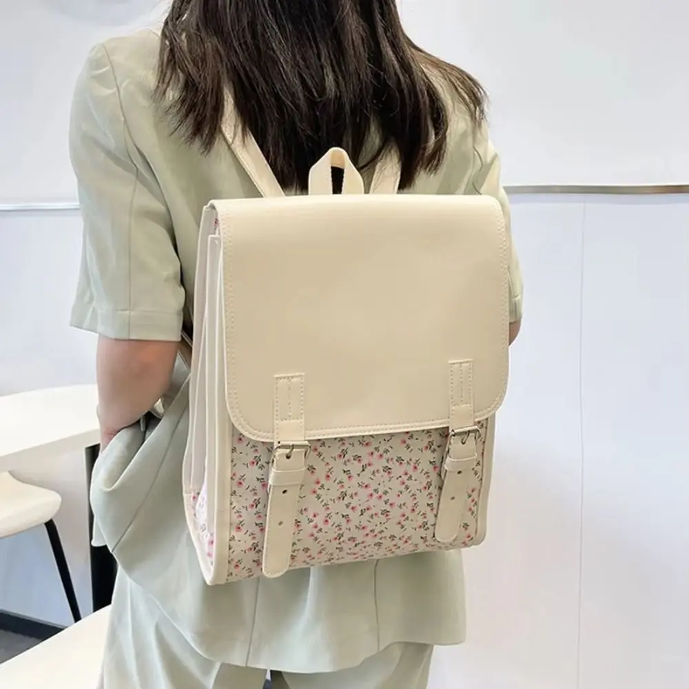 Handbag Fashion Flap Backpack Large-Capacity Aesthetic PU Leather Flip School Bag Versatile Square Flower School Bagpack Travel