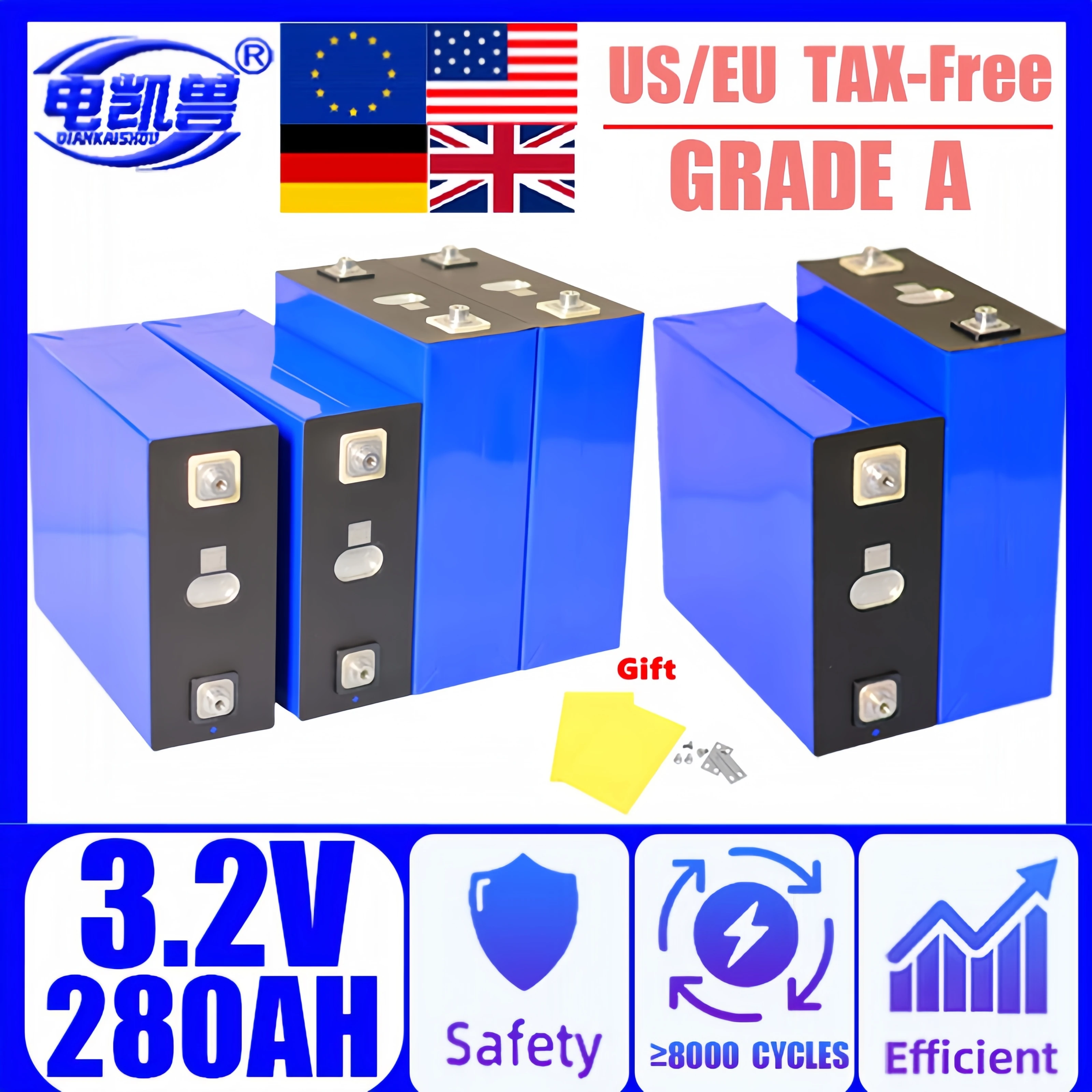 

Grade A 3.2V 280AH Lifepo4 Lithium Iron Phosphate Prismatic Rechargable Battery 24V 48V Pack Cells for RV EV Solar PV tax-free