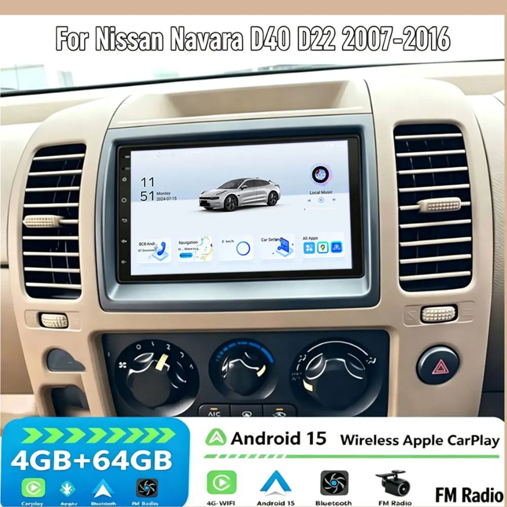 7“ Inch 2DIN Android 15 Car Radio Wireless CarPlay Android Auto GPS Multimedia Player For Nissan Navara D40 D22 2007-2016