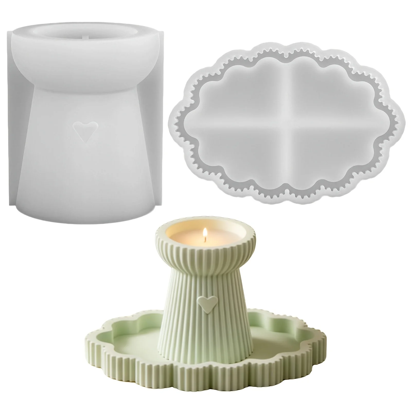 2pcs Silicone Mould Candle Holder And Tray Set, Round Ribbed And Heart Silicone Candle Holder, Silicone Tea Light Holder Casting