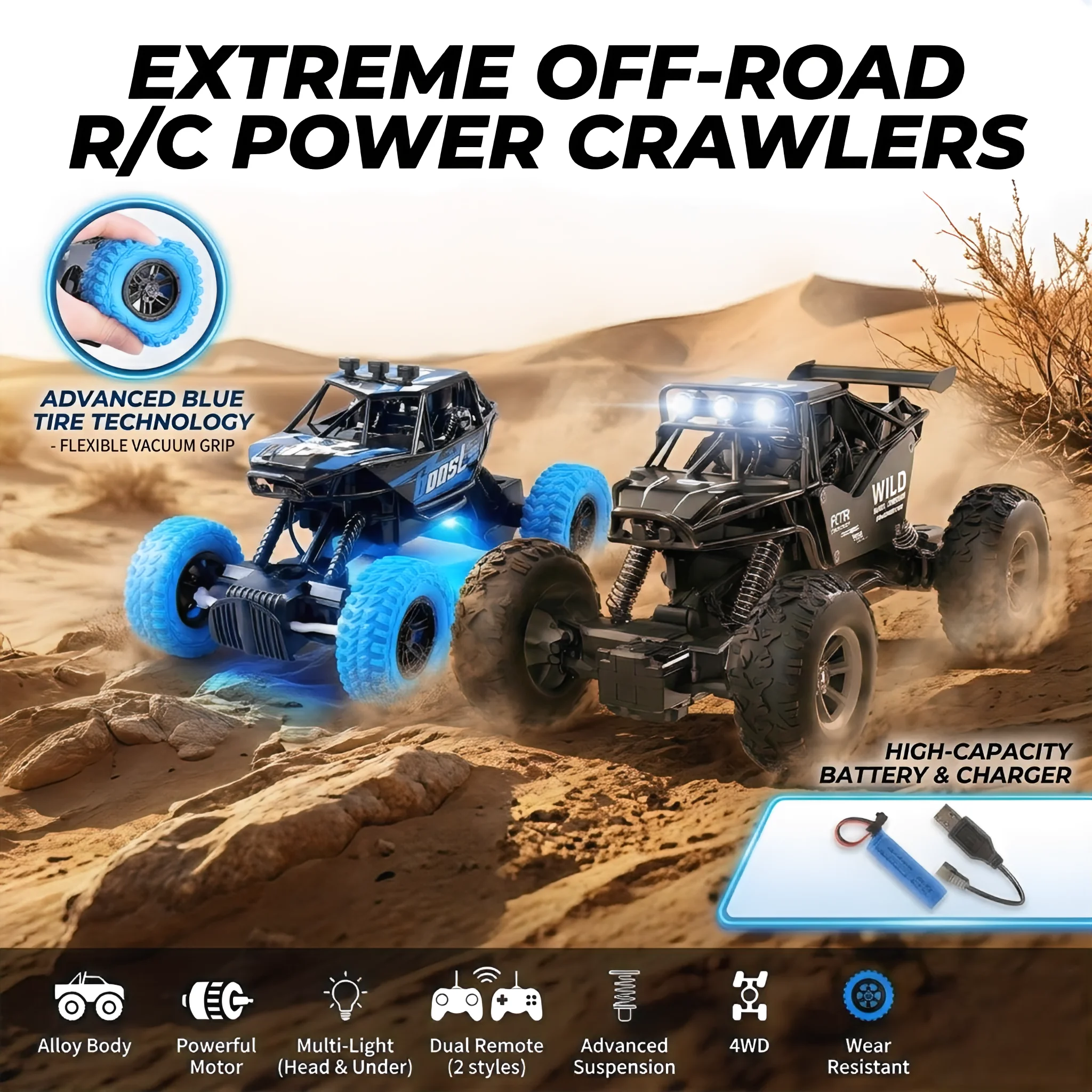 Remote-controlled off-road climbing car, high-speed charging light toy model car as a Christmas gift