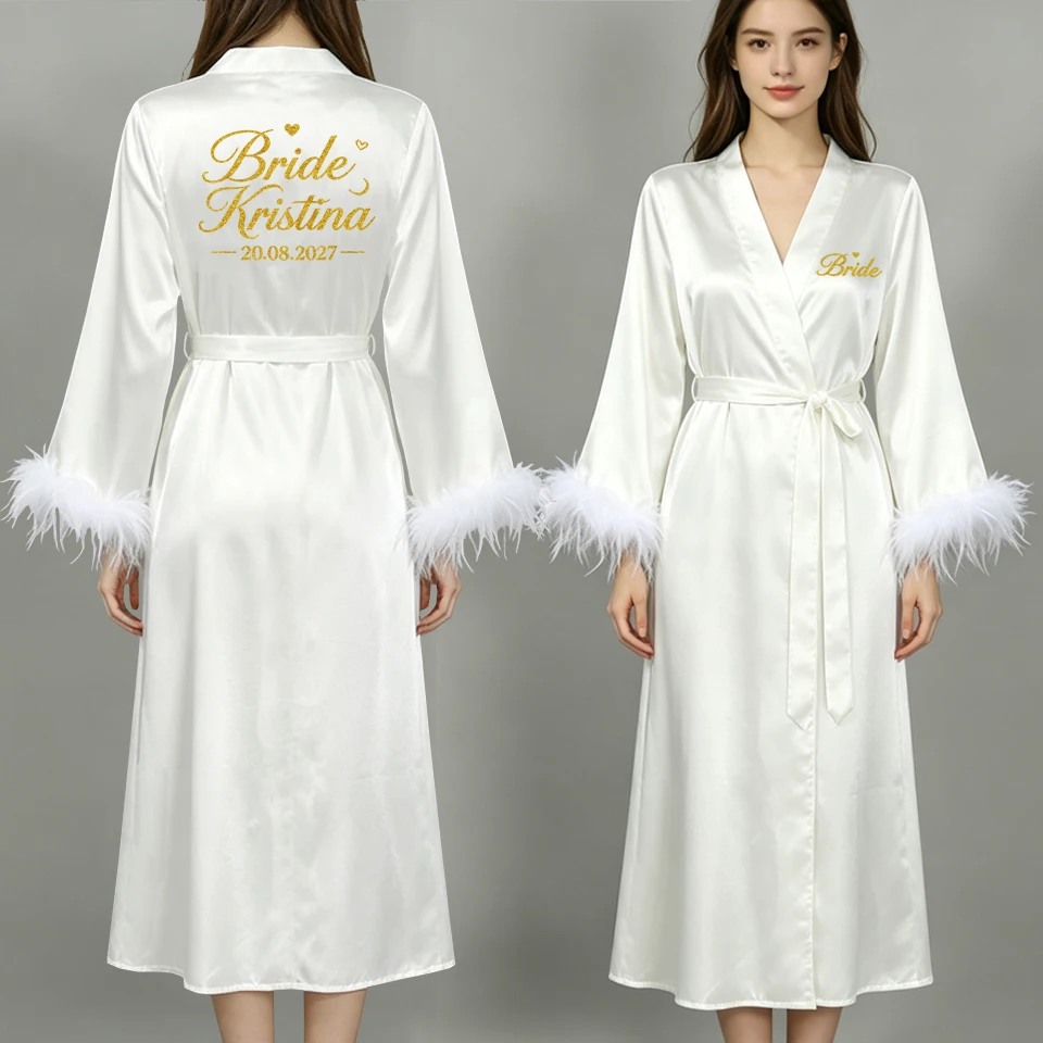 Custom Name Bride Robe Satin Feather Bridesmaid Robes Personalized Wedding Morning Gown Bachelorette Party Bathrobe
