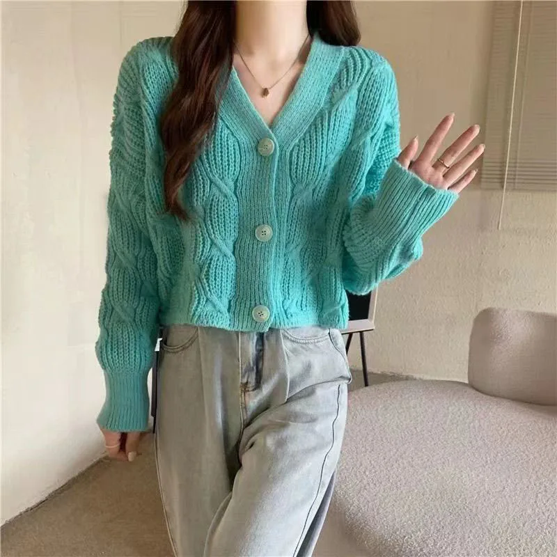 Lucyever Candy Colors Short Sweater Cardigan Women Korean Loose V-Neck Sweater Coat Ladies Autumn New Long Sleeve Knit Cardigans