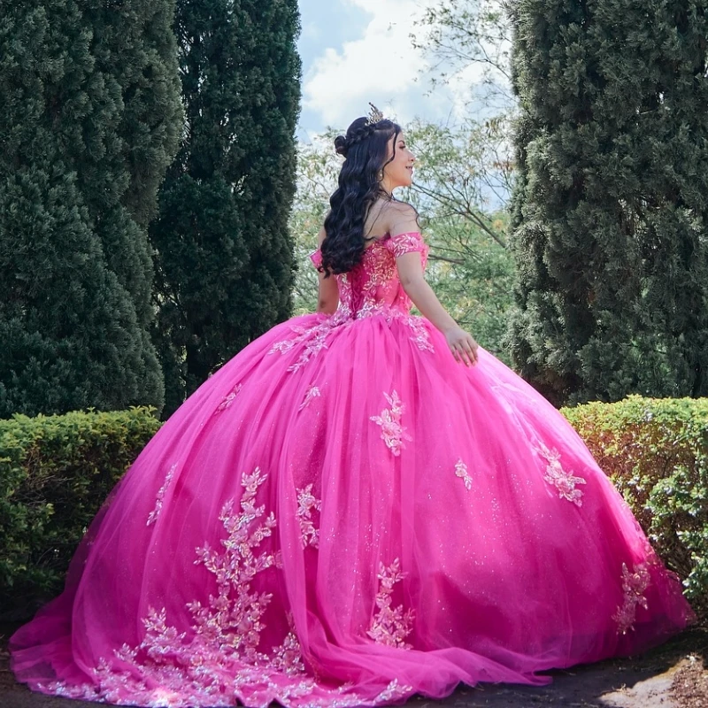 Розово-красные блестящие платья Quinceanera по индивидуальному заказу, бальное платье, милая аппликация с блестками, кружево, бисер, тюль, на шнуровке, вечерние принцессы