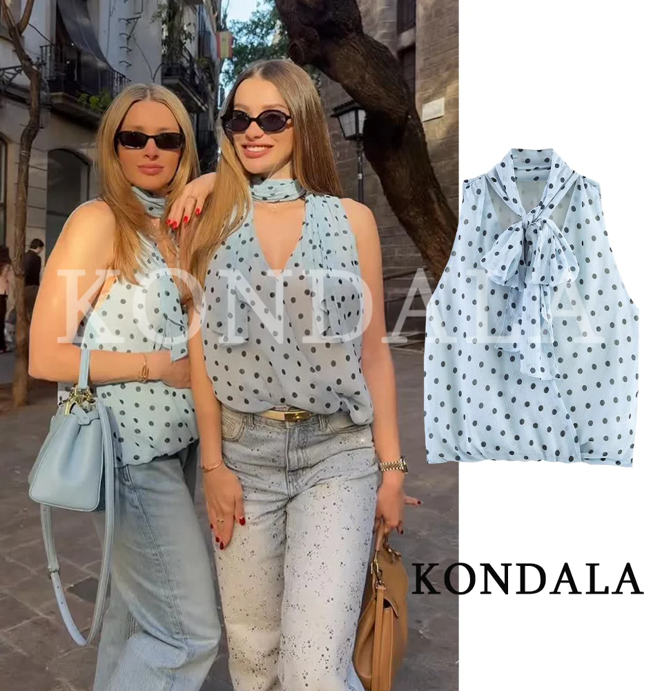 Women Chic Polka Dot Bow Vest Shirt KONDALA 2026 Summer Trendy Holiday Leisure Tops Female Elegant High Street Sleeveless Tops